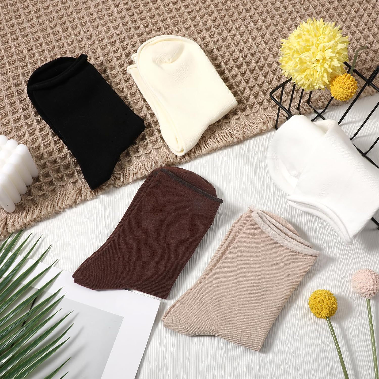 Womens Crew Socks, 5 Pairs Cotton Casual Crew Sock Slouchy Socks Cotton Roll Cuff Mid Roll Top Long Sock for Girls - Image 3