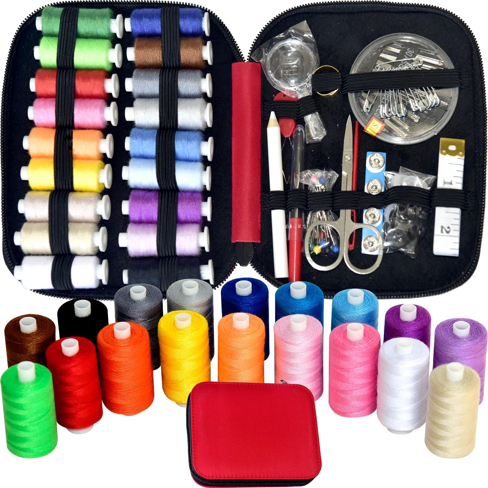 Sewing Kit with Case Portable Sewing Supplies for Home Traveler, Adults, Beginner, Emergency, Contains 18 Sewing Thread, Scissors, Needles, Measure etc,Bright Christmas Red