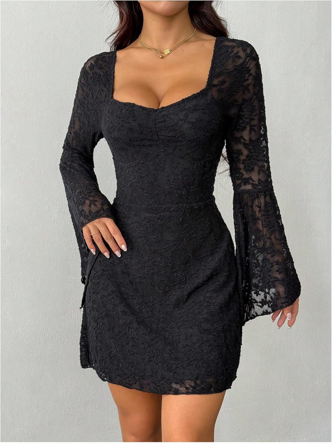 Women's Y2k Lace Gothic Mini Dress Tie Back Bell Long Sleeve Sweetheart Neck Party Date Night Dresses - Image 3