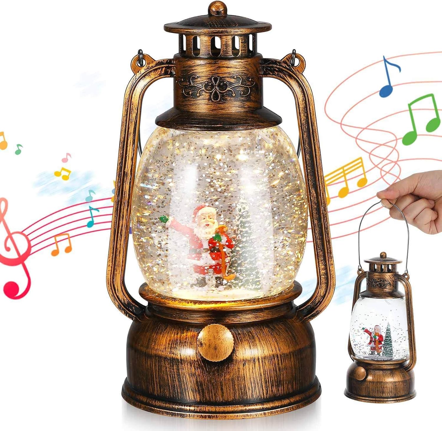 Christmas Snow Globe Lantern Music Box with Lights USB Battery Operated