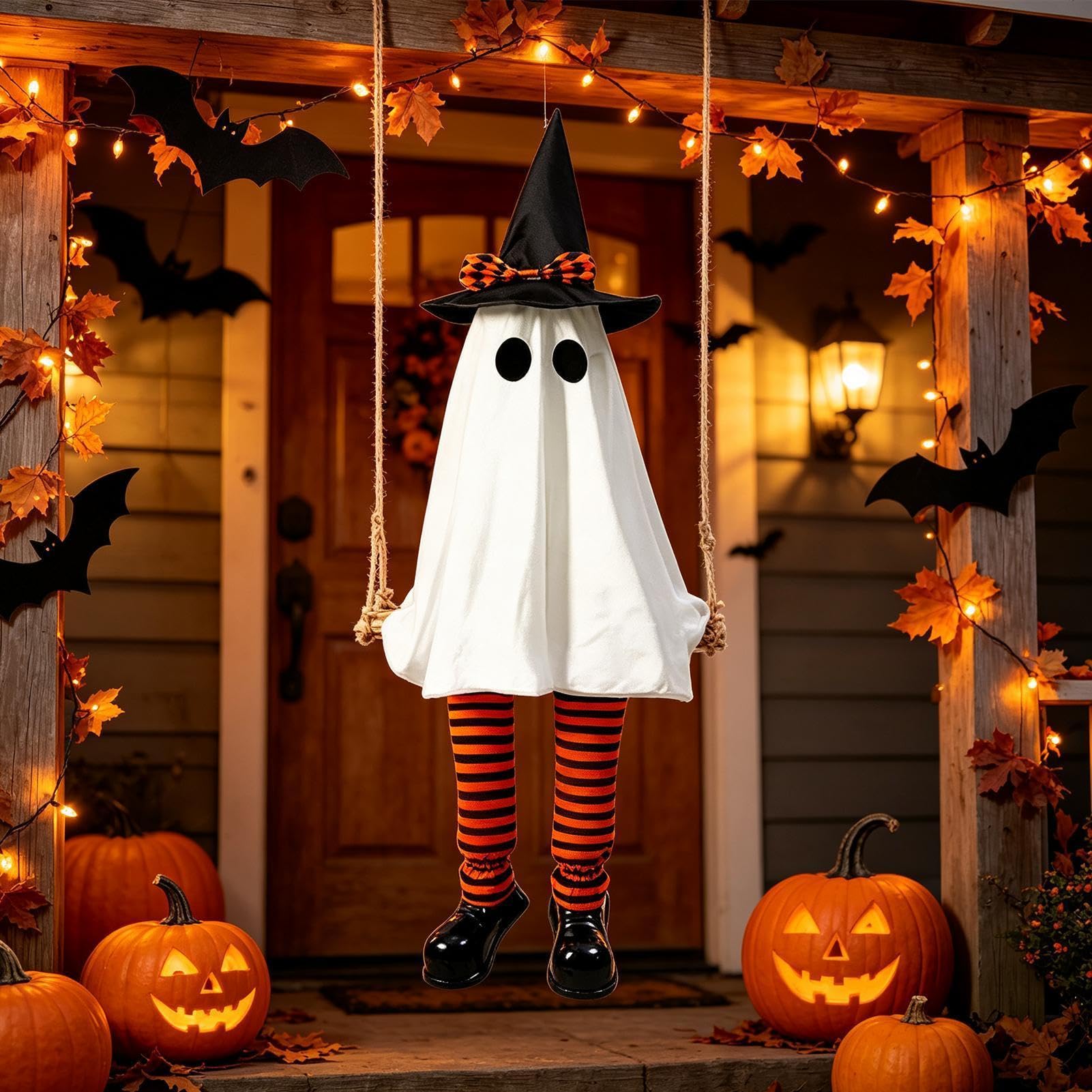 Halloweenowy duch 1,8 m gotycka dekoracja zewnętrzna z lampkami w kapeluszu