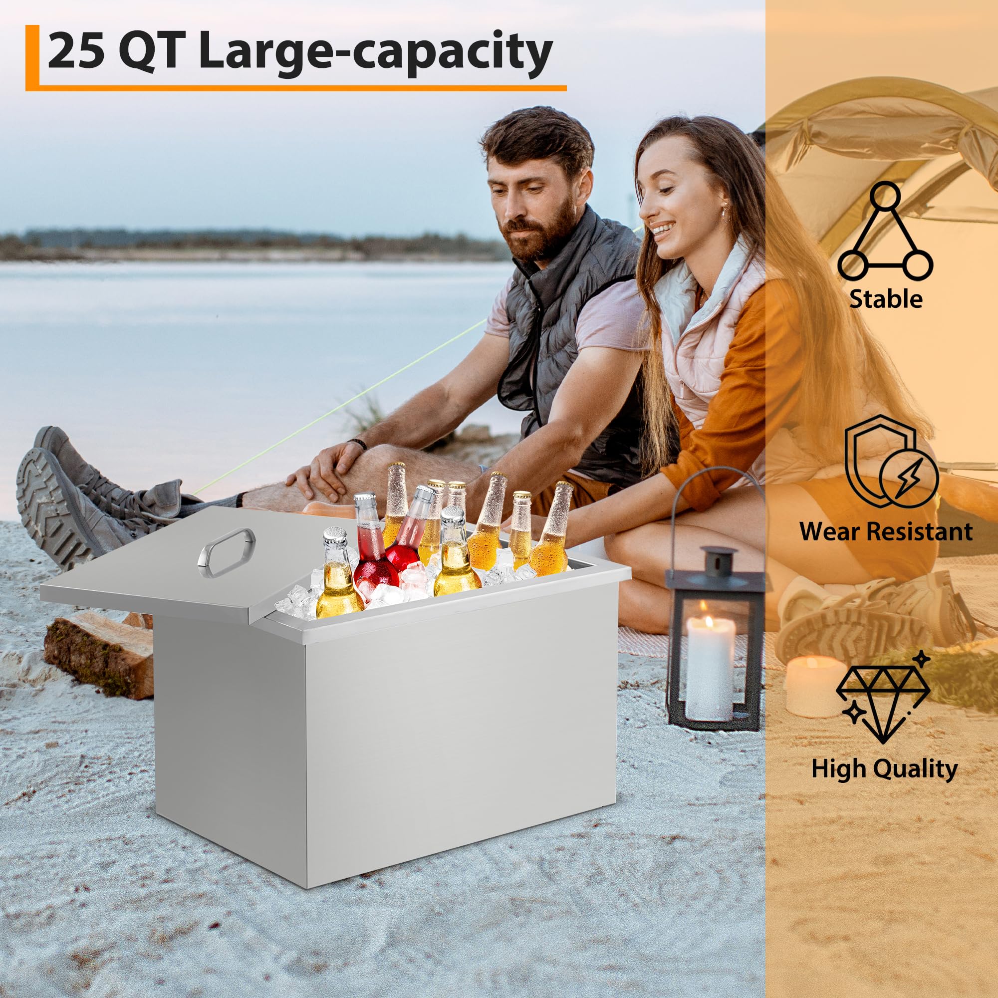 Edelstahl Einbau-Eisbox 51 × 33 × 31 für Outdoor-Küche & Party, Ablaufrohr & Stöpsel, Ideal zur Kühlung von Eis, Getränken, Wein & Bier, Tragbarer Deckel, Silber