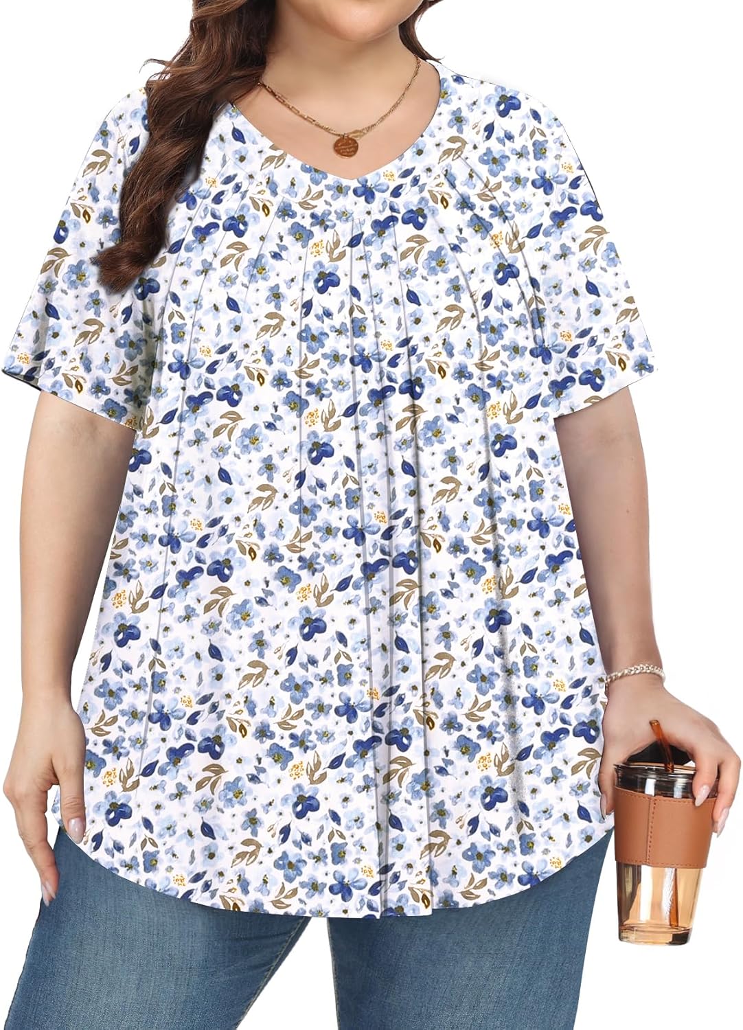Tencede Womens Plus Size Tops Short Sleeve Shirts V Neck Casual Loose Fit Summer Tunic Blouses - Image 2