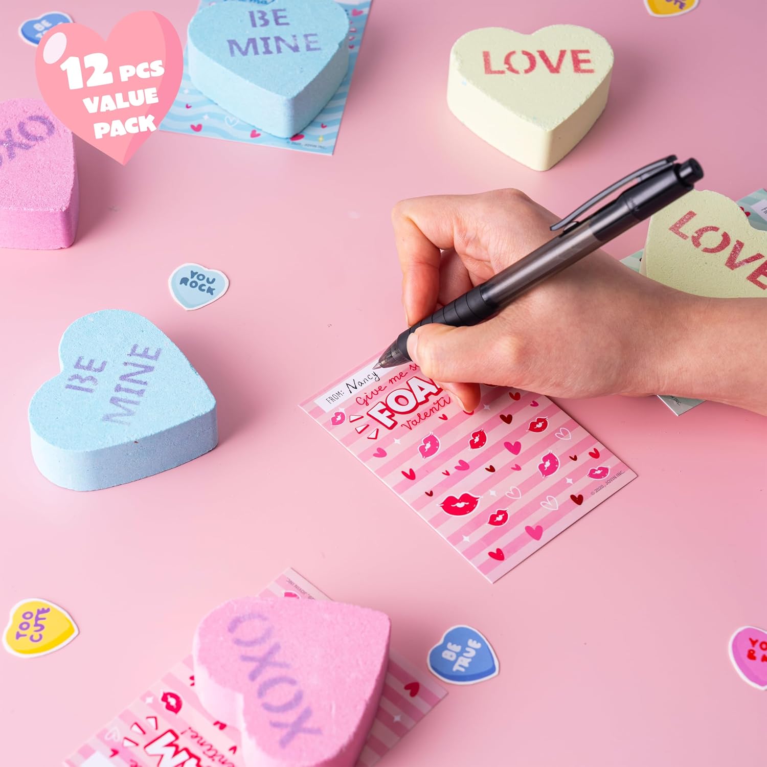 JOYIN 12 Packs Valentine’s Day Heart Shape Bath Bomb with Cards for Kids Party Favors, Valentine’s Greeting Cards, Heart Soap Day Gift for Her