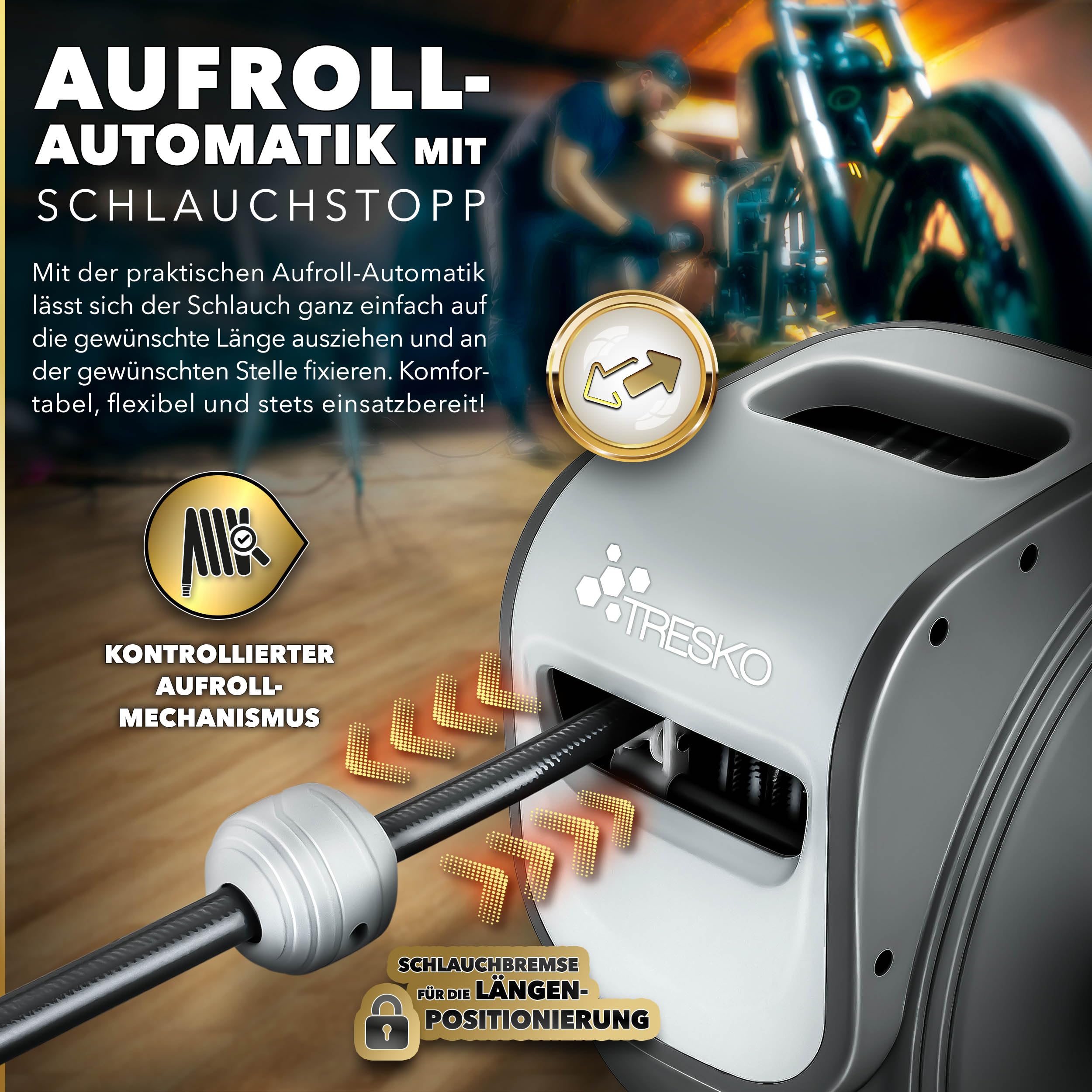 TRESKO® 20m Druckluftschlauch Aufroller automatisch 1/4" Anschluss | Schlauchtrommel Wandschlauchhalter Schlauchaufroller Druckluftschlauch-trommel, Grau