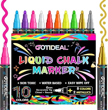 GOTIDEAL Chalk Markers,10 Colors Liquid Chalk Markers for Blackboard,Erasable Chalk Board Pens,Window markers for Glass Washable,Car,Glass,Calendar,Sign,Menu Diy Painting6 mm Bold&Chisel Tip