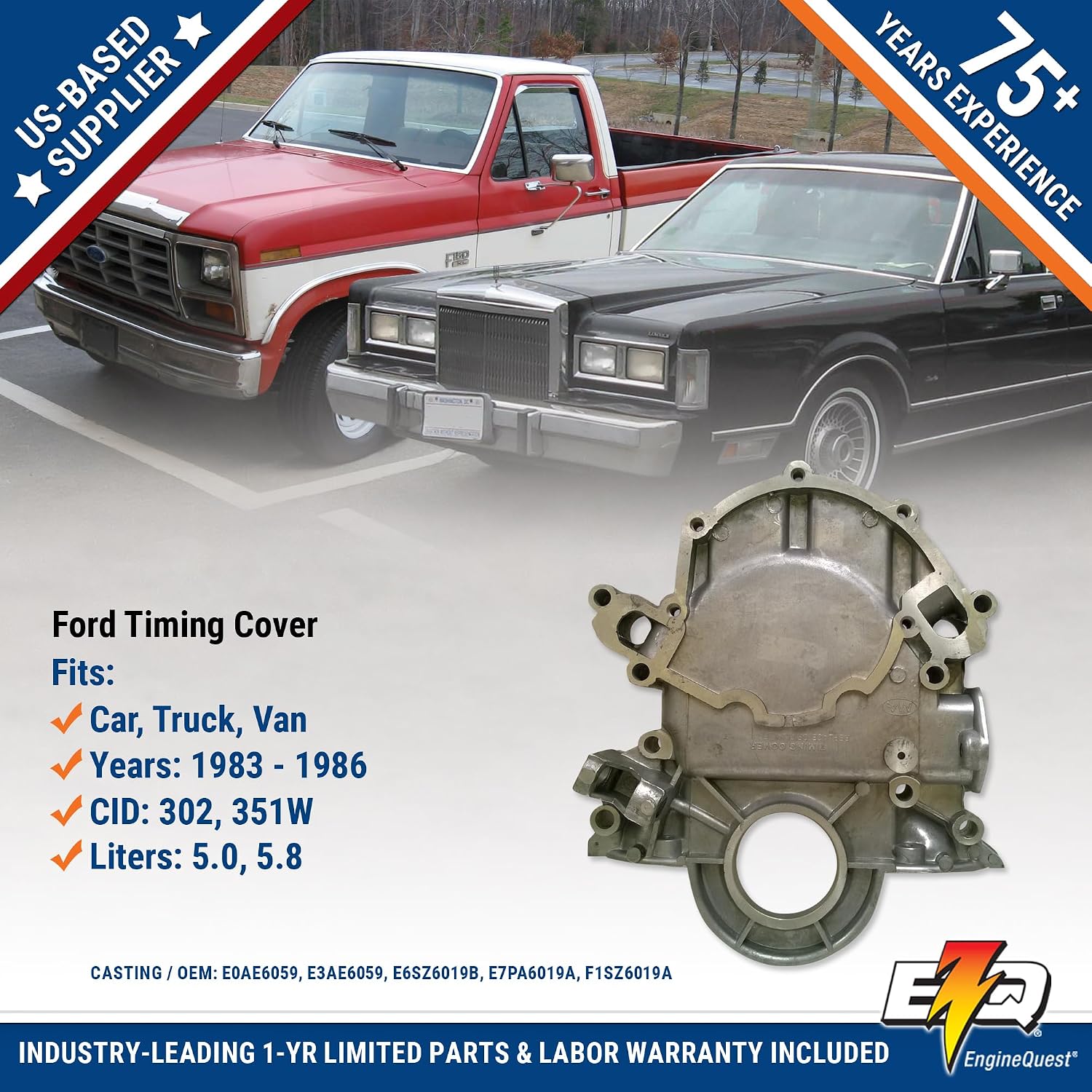 Timing Cover 5.0L 5.8L V8 for 1983-1986 Bronco, F150, E150 | OEM Replacement E0AE, E3AE6059CA | Durable Aluminum Cast | New Casting