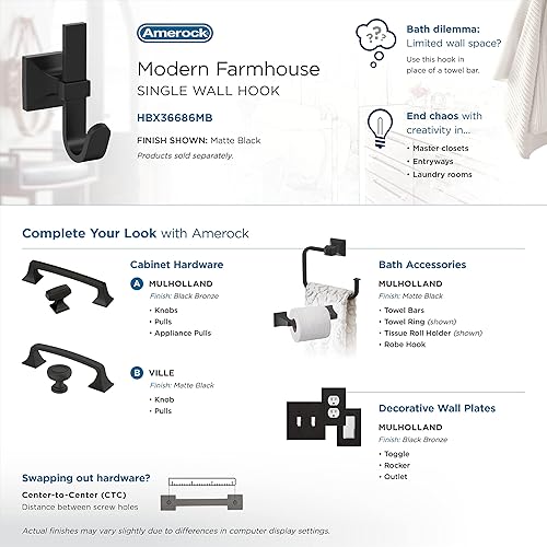 Miniatura 5 de Amerock HBX36686MB  Burbank Gancho decorativo de pared de una sola punta  Gancho negro mate para abrigos, sombreros, mochilas, bolsas  Ganchos para