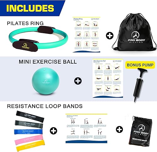 Miniatura 3 de ProBody Pilates Ring Set with 14-Inch Magic Circle Ring, 9-Inch Exercise Ball, 5 Resistance Bands, Pump, Training Guides, & Storage Bag for Core