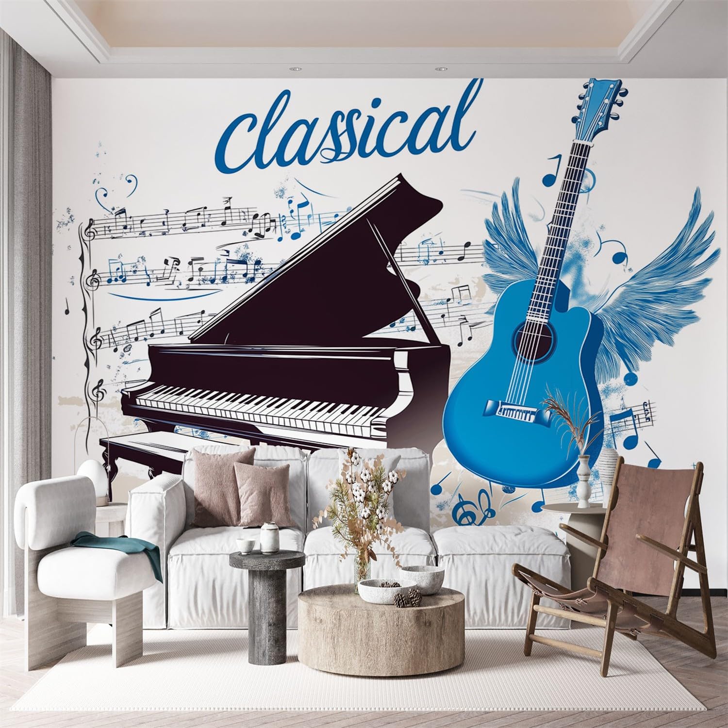 Papel pintado Panorámico Música Piano Guitarra, Papel pintado de pared Gigante Símbolos Musicales, mural moderno personalizado para sala de estar, dormitorio infantil, restaurante, 300 x 210 cm (L x H