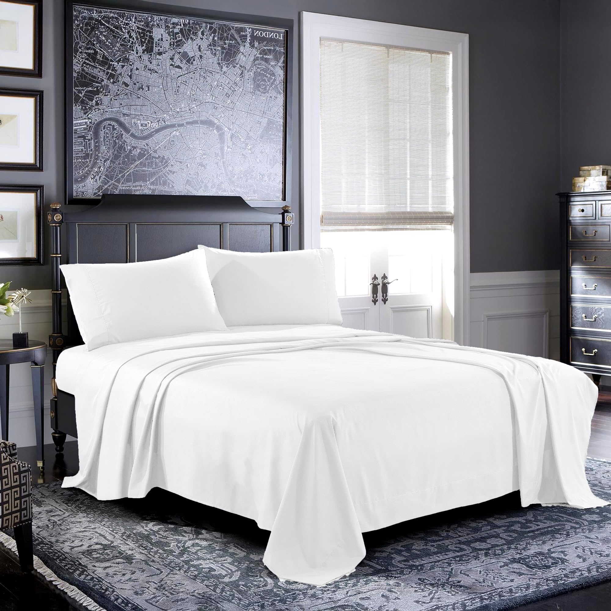 Pure Bedding Bed Sheets - California King Sheet Set [4-Piece, White] - Hotel Luxury 1800 Brushed Microfiber - Soft and Breathable - Deep Pocket Fitted Sheet, Flat Sheet, Pillow Cases