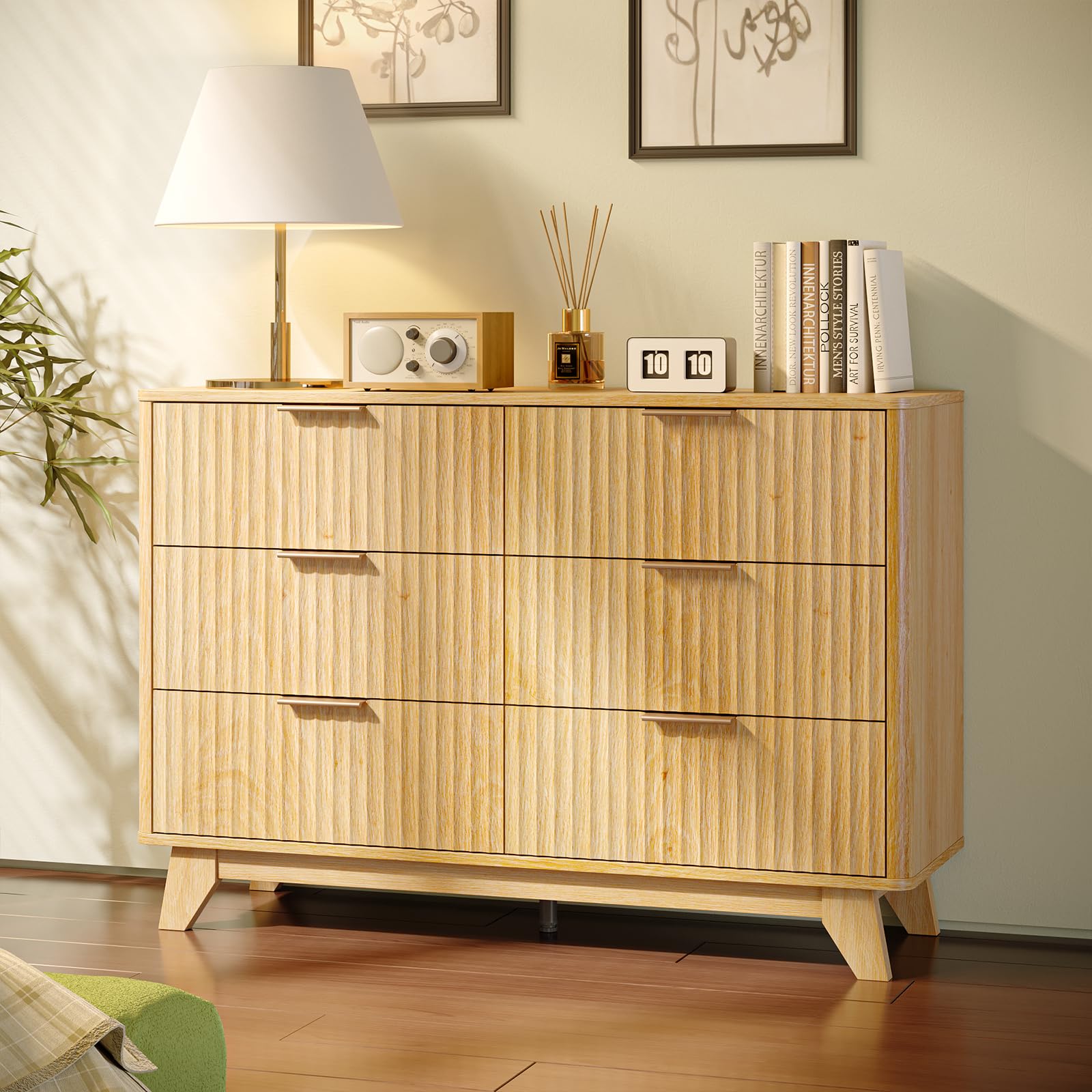 Bonnlo Oak Chest of Drawers,6 Drawers Grille Bedroom Drawer,Chest of Drawers Bedroom, Modern Storage Dresser,Clothing Storage Cabinet for Living Room,110×35×75cm