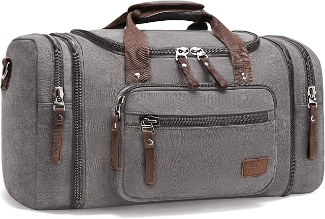 Canvas Duffle Bags, Fresion New Two Side Pockets for Extensions for Unisex Weekend Daypack Large Holdall Travel Bag(Grey)(Expansion Capacity: 58 * 25 * 30cm)