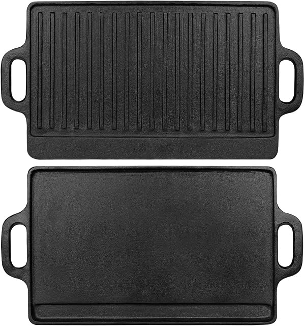 32nd Cast Iron Griddle Plate Suitable for Gas, Electric and Induction Hob, Double Sided Grill Plate with Flat and Ridged Surfaces - 46cm x 23cm