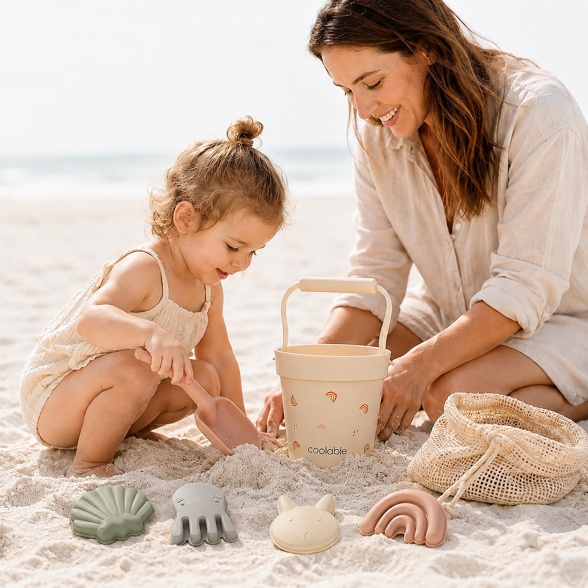 Lot de 6 Jouets de Plage en Silicone pour Enfants - Seau Pliable, Pelle, 4 Moules à Sable et Sac Filet - Arc-en-Ciel