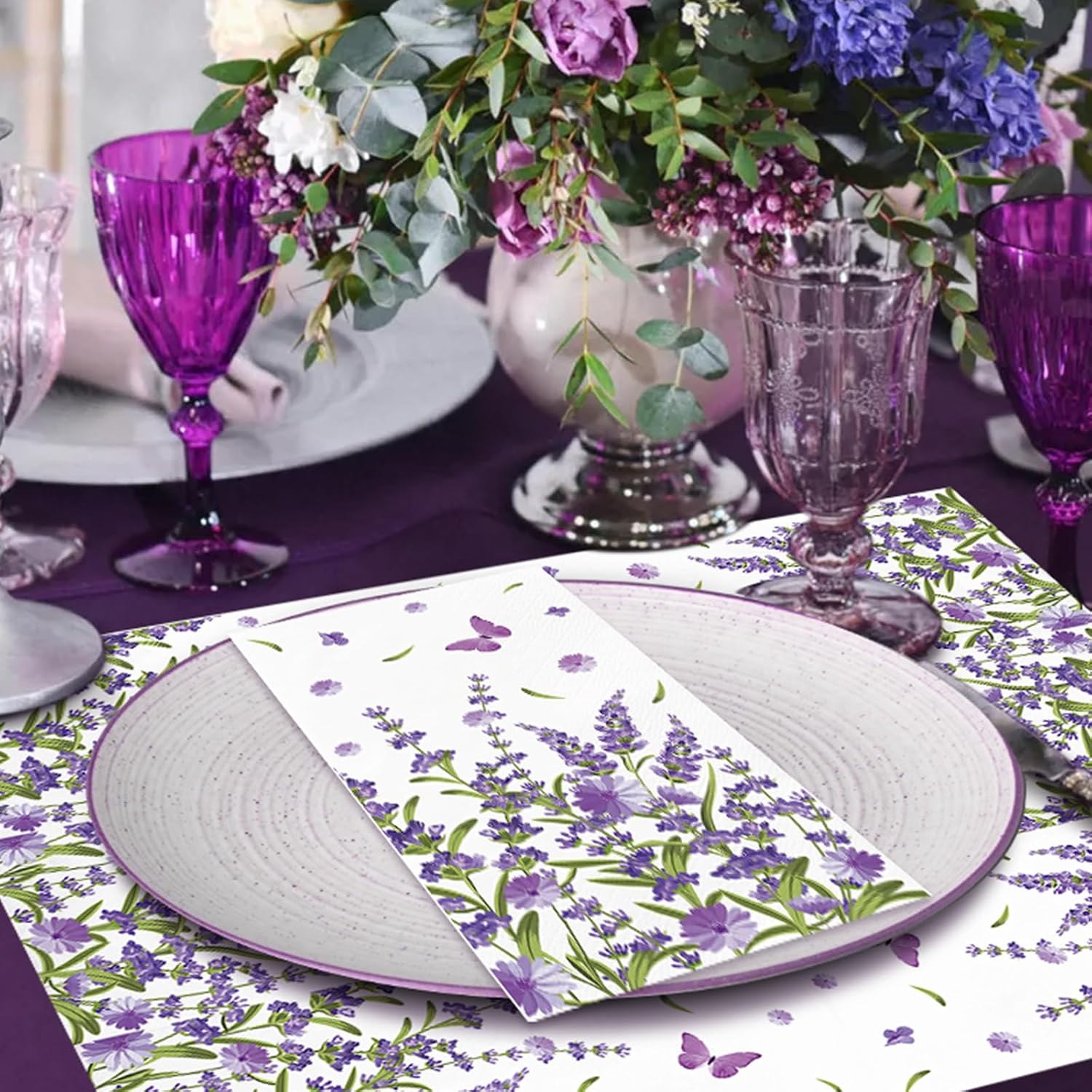 IANFEPH 100PCS Lavender Floral Paper Napkins 3 Ply Disposable Hand Towels for Bathroom Spring Purple Lavender Flowers Guest Napkins Decorative Dinner Napkin for Wedding Anniversary Birthday Tea Party