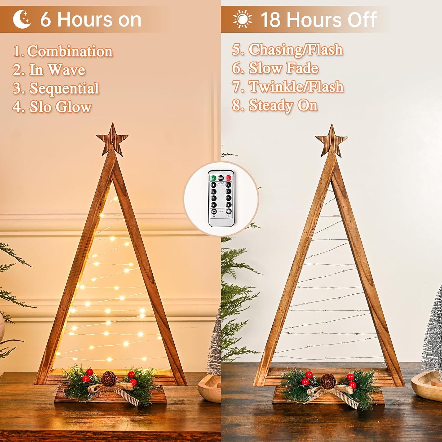 NatuBeau 2 Pcs Triangle Tabletop Wooden Christmas Tree with Lights, Modern Farmhouse Rustic Christmas Decor, Small Lighted Xmas Tree for Kitchen Mantle Shelf Living Room(14.2" Large / 11" Small)
