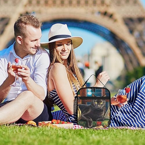 Miniatura 8 de Bolsa de almuerzo aislada con diseño de gato negro, reutilizable, bolsa portátil para hombres y mujeres