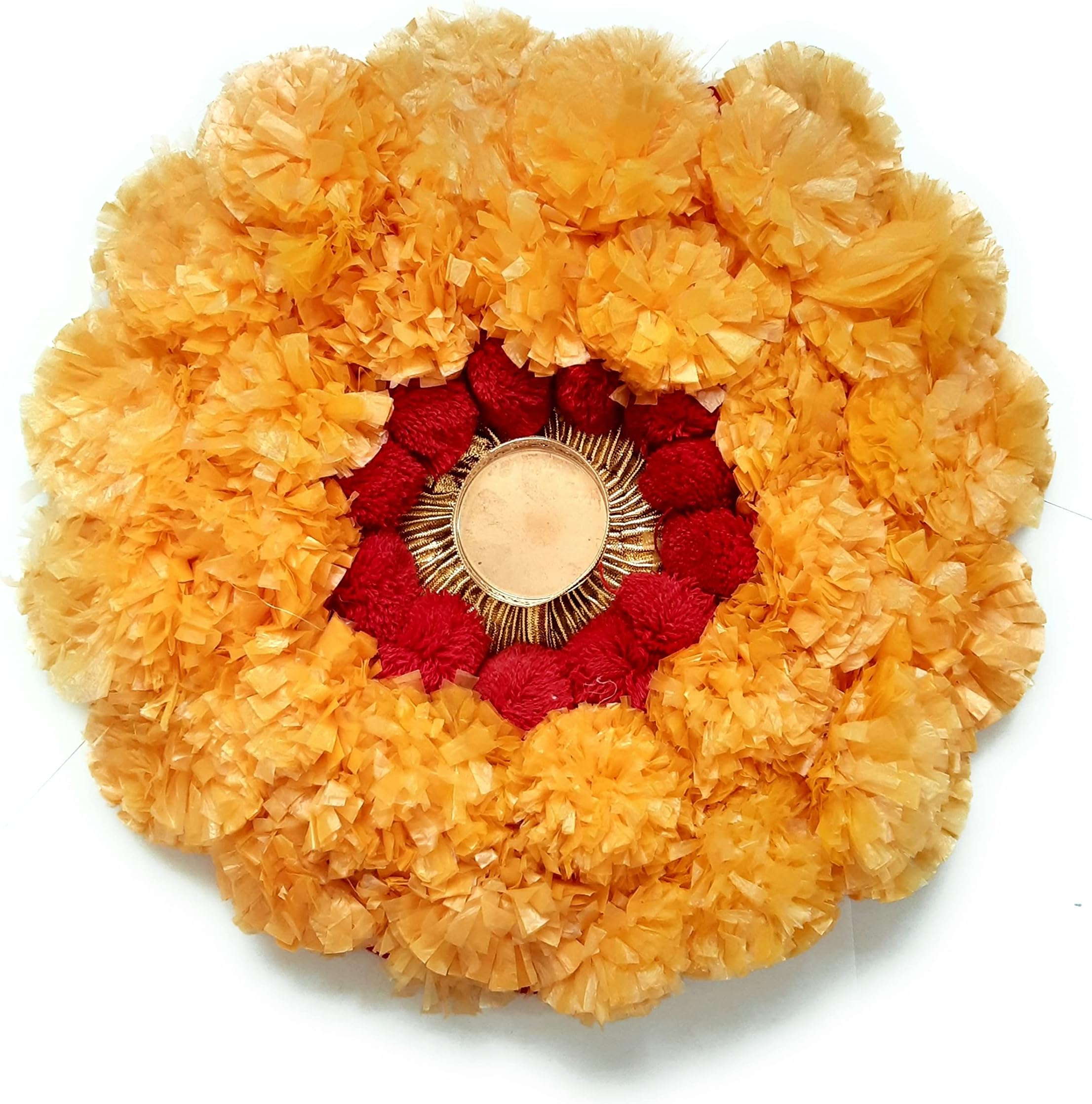 Shreeji Artificial Marigold 9 Inches (23 CM) Wide Marigold Flower with pom pom Multicolor 9 Inches Rangoli MAT with Free T Light Diya Holder for Diwali & Festival Decoration (Light Orange with Red)
