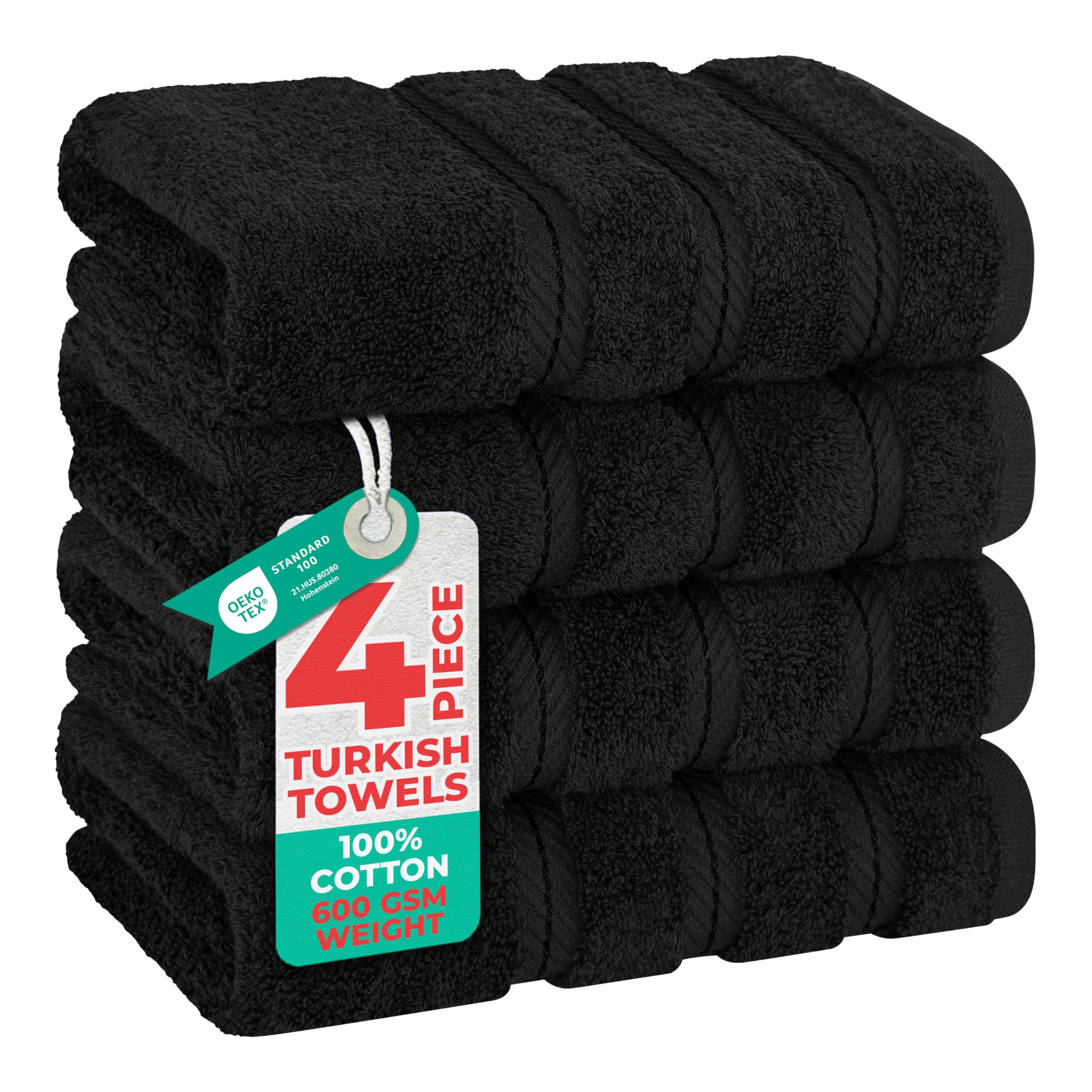 Luxury Hand Towels for Bathroom, 100% Cotton Turkish 4 Piece Hand Towel Set, 600 GSM Hand Face Towels for Kitchen, Black Hand Towels