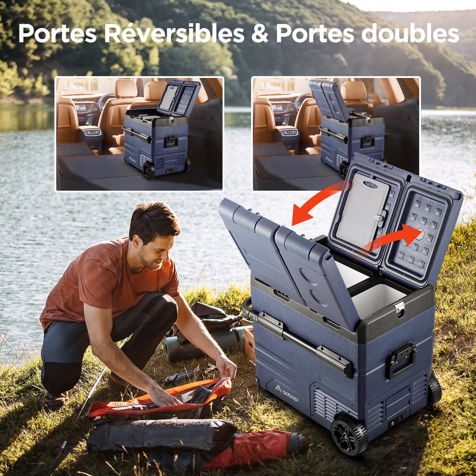 AAOBOSI 55L Glaciere Electrique, Bi-Zonal, Glaciere a Compression Avec APP, Chargement Par USB, Eclairage Par LED, 12/24 V et 100-240 V, -20°C à 20°C, Avec Roues, Pour De Nombreux Modèles De Véhicules