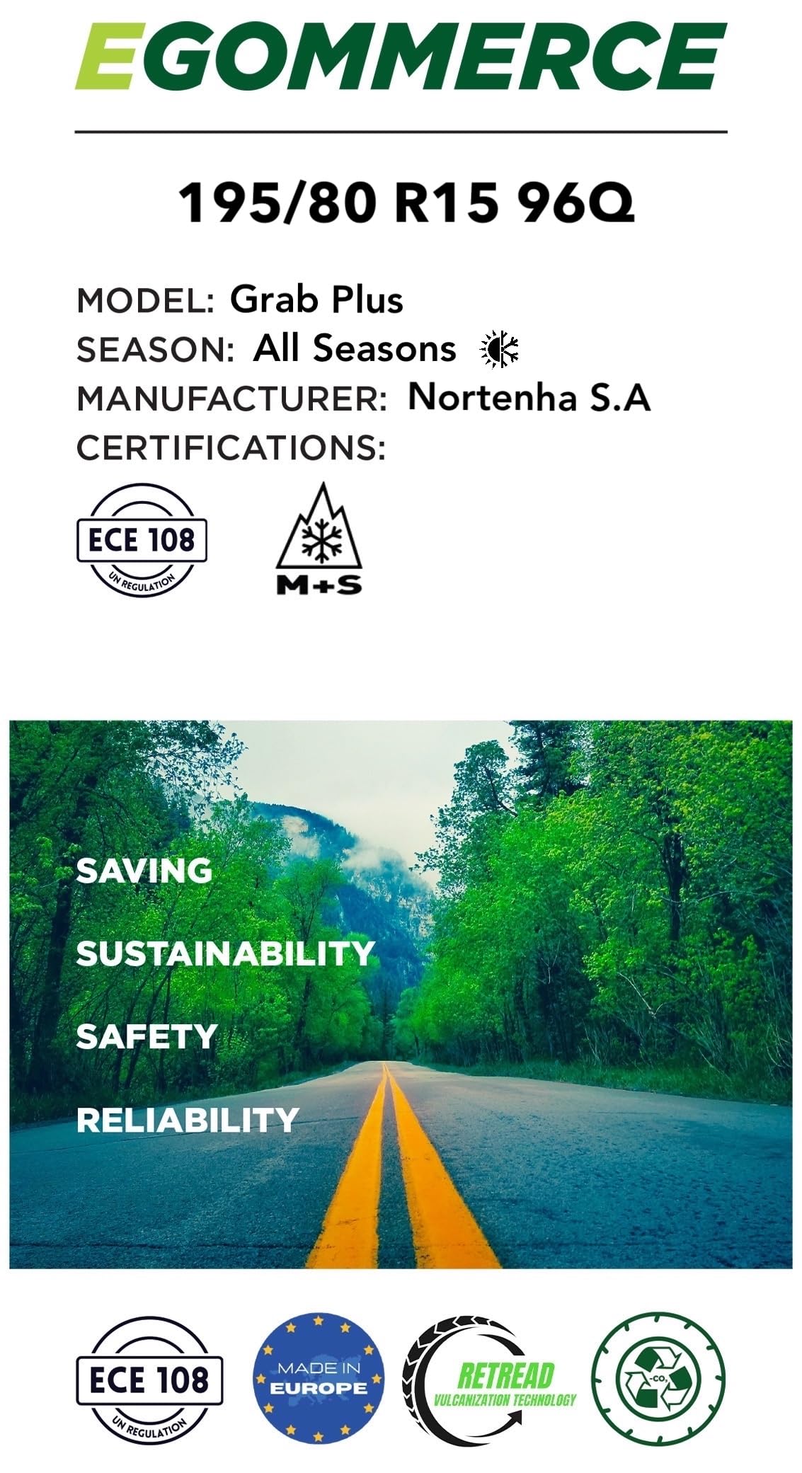 4 Saisons GRAB PLUS 195/80 R15 96Q Pneu Voiture Certifié M+S/3PMSF All Season Made in Portugal Ecofriendly Garantie 2
