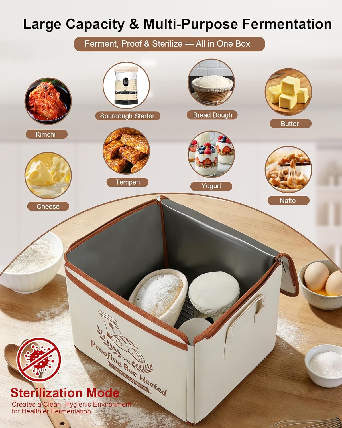 Folding Bread Proofing Box with Window & 50oz Sourdough Starter Kit Bundle - Precise Temp Control (55–133°F) Fermentation Warmer & Large Glass Jar Set with 17 Recipes, Supplies for Professional Baking