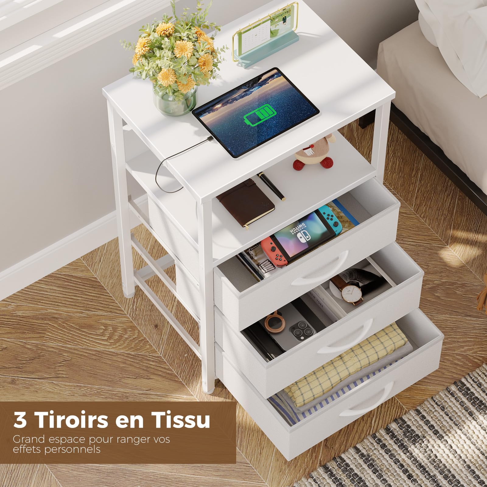 Rolanstar Chevet avec Chargeur, LED Intégrée, 2 Tiroirs en Tissu et 3 Niveaux de Rangement, Table de Nuit Moderne pour Chambre à Coucher, Blanc