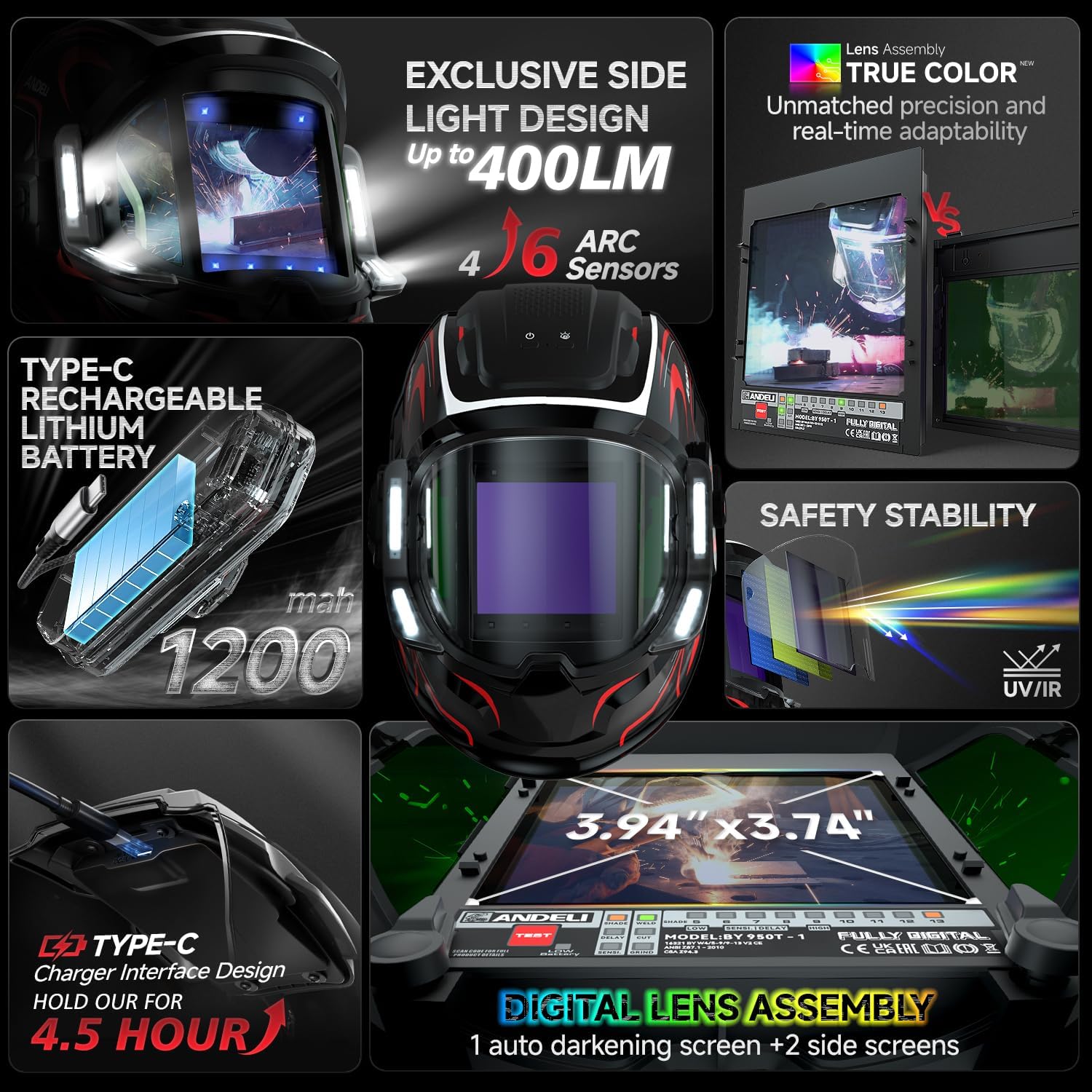 ANDELI Welding Helmet with 4 LED Light, Panoramic Large Viewing Screen 3.94"X3.74" True Color Auto Darkening Welding Helmet, 6 Arc Sensor 4/5-9/9-13 Type-C Charging