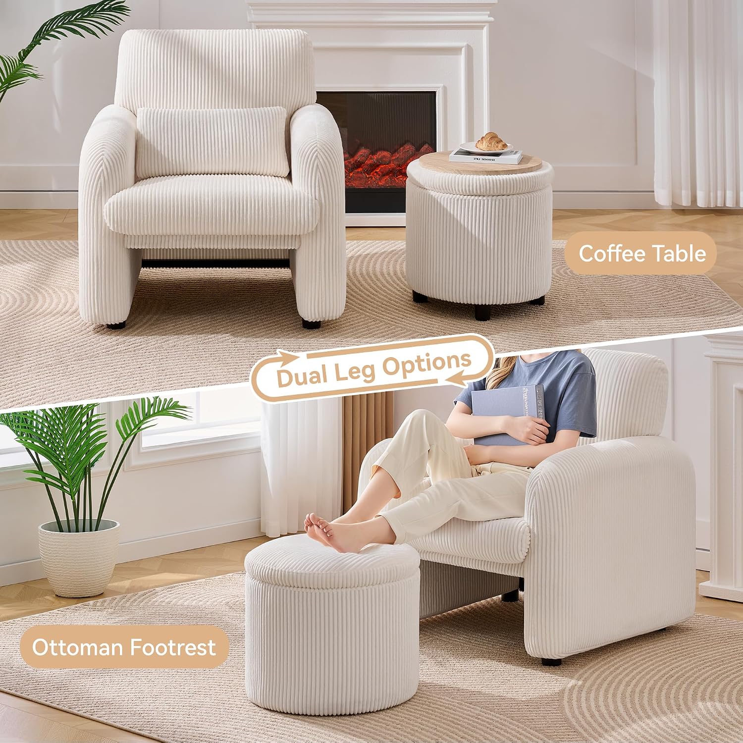 WUTUTUEE Corduroy Accent Chair with Storage Ottoman, Upholstered Armchair with Lumbar Pillow, Flip-Top Ottoman Converts to Coffee Table, Modern Sofa Chair for Living Room, Bedroom, Office, White