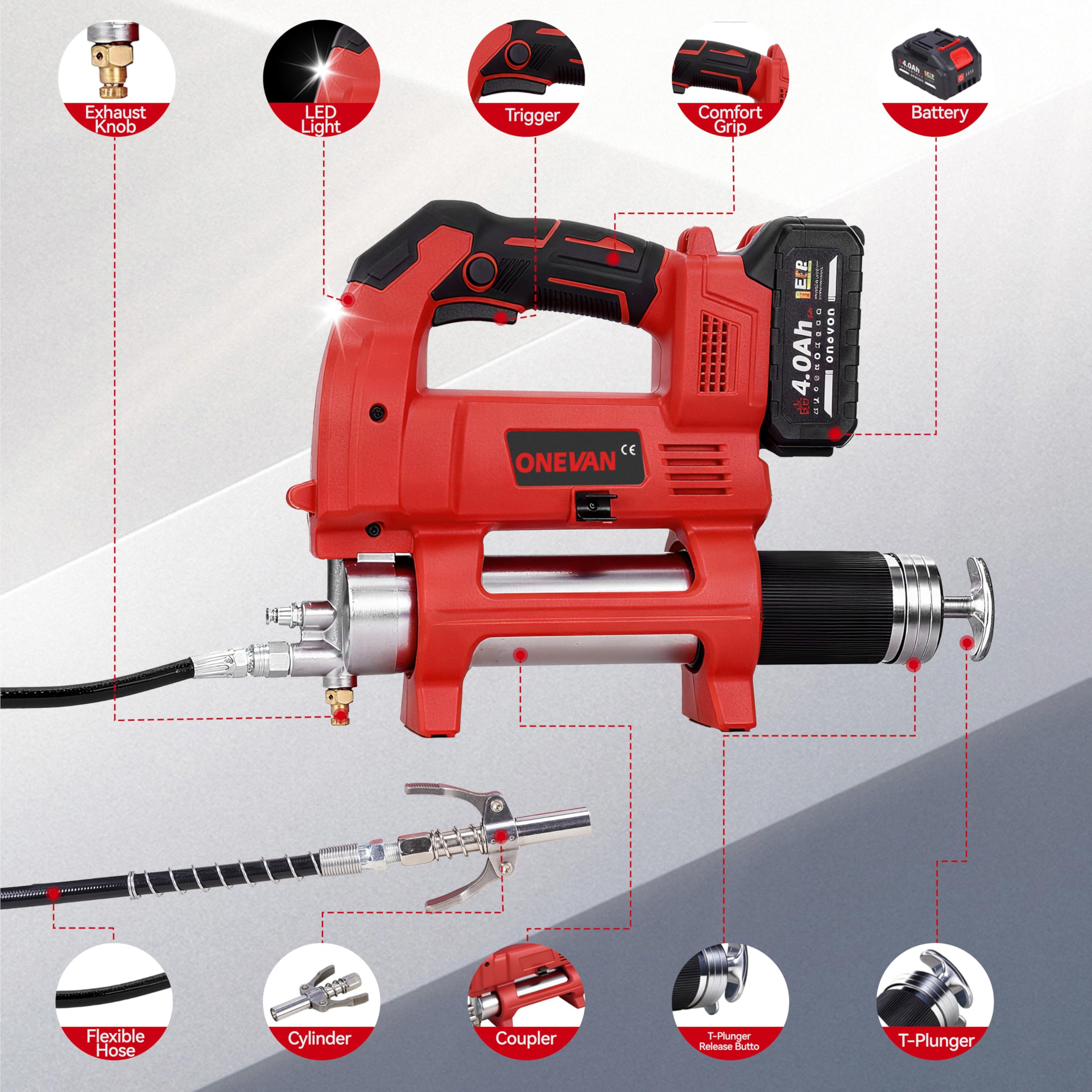 ONEVAN Ingrassatore a Batteria 12000 PSI, Pistola per Grasso Elettrica con Motore Brushless 800W, Serbatoio 600CC, 2 Batterie da 4.0Ah e Accessori Completi, per Auto, Agricoltura e Industria (Rosso)