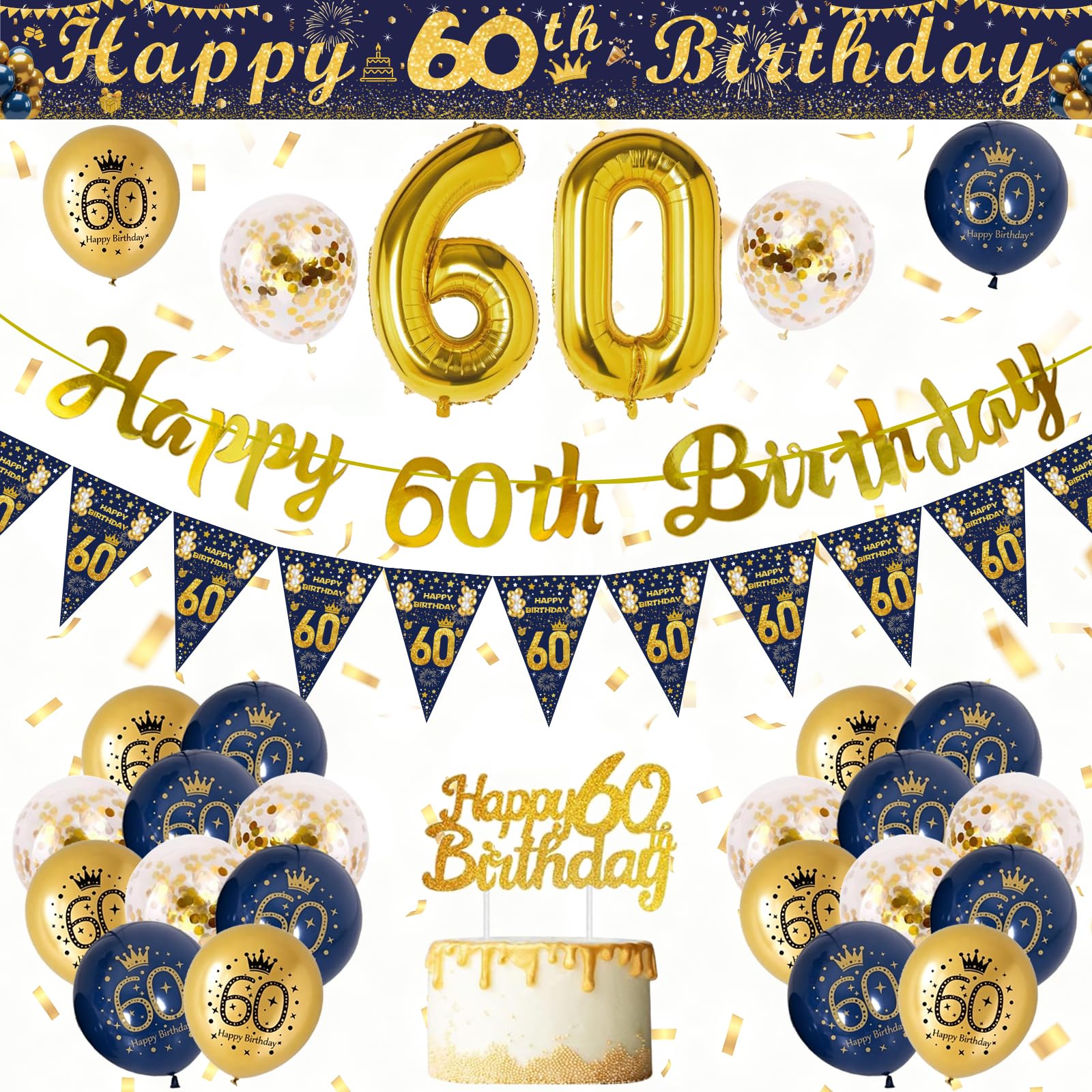 60th Birthday Decorations for Men, Blue Gold 60 Birthday Decorations,Happy 60th Birthday Banner,60th Balloons,270 * 15cm Cuttable Banner,Foil Balloons,Cake Topper 60 Birthday Party Supplies for Men