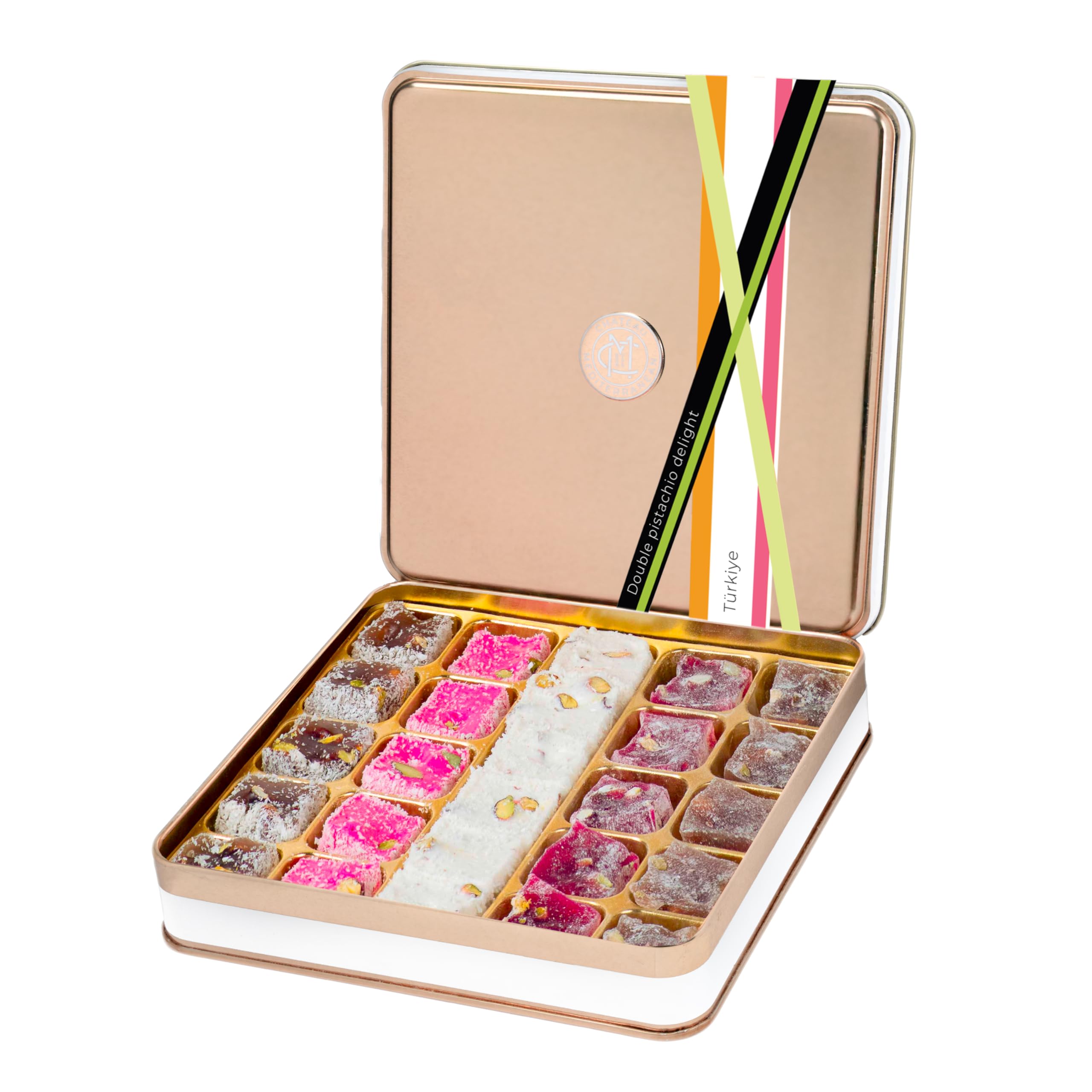 Chateau de Mediterranean Double Roasted Pistachio Turkish Delight - 500 g | Approx 26 Pieces | Luxurious selection of Strawberry, Pomegranate, Coconut & Pasha | Gourmet Lokum Dessert | Gift Box Tin