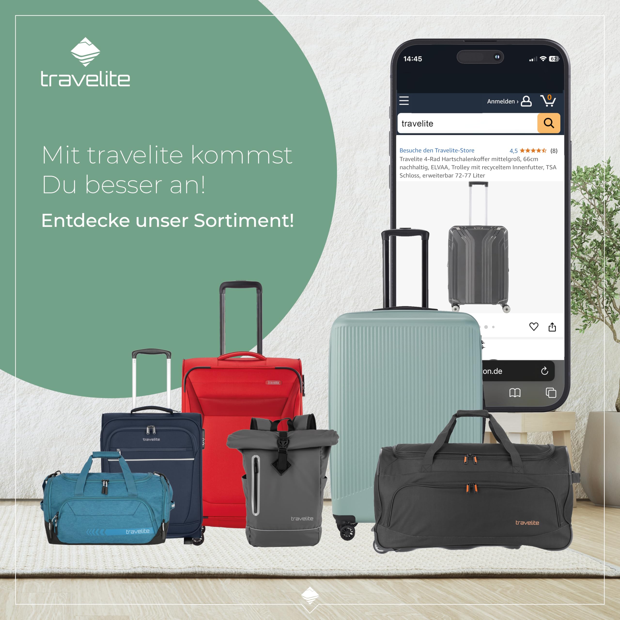 Travelite 4-Rad Hartschalen Koffer mittel mit recyceltem Innenfutter, Gepäck Serie ELVAA: Stylischer Trolley mit Dehnfalte, Schutzecken + TSA Schloss, 66 cm, 72-77 Liter