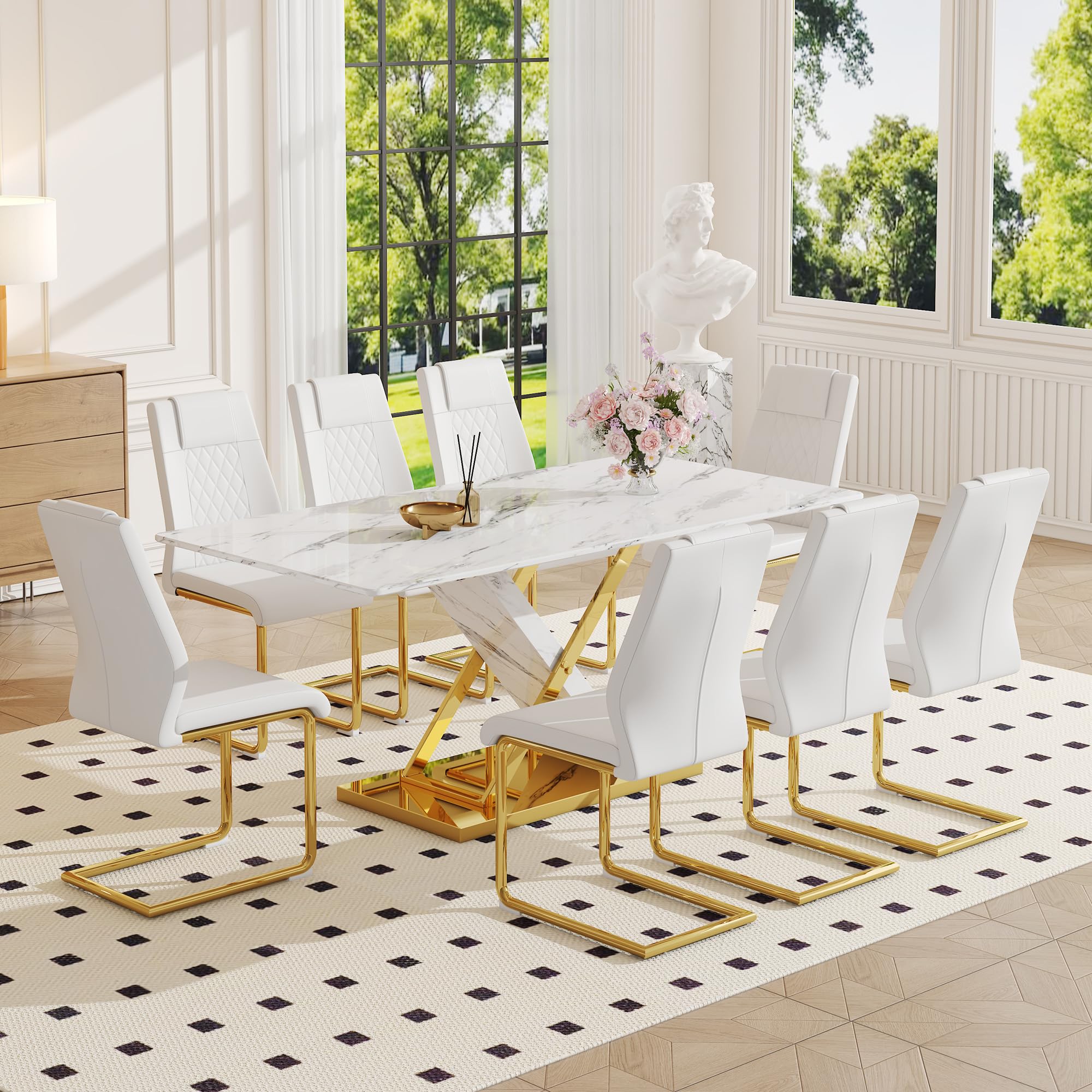 YUNDREAM Modern Marble Dining Table Set for 8,White Gold 71'' Dining Room Table with Chrome Plated X-Shaped Frame and White Leather Dining Chairs,Easy