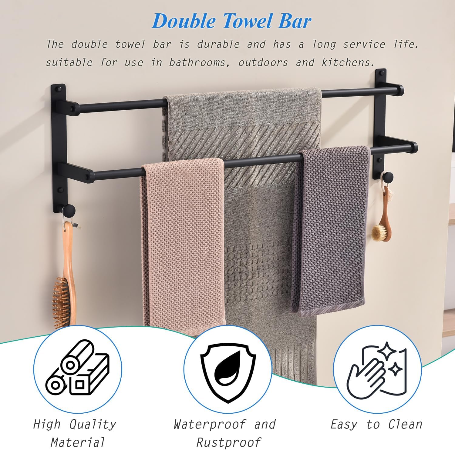 Matte Black Double Towel Rack with Hooks for Bathroom, 30 Inch Stainless Steel Long Towel Bar - Wall Mounted Towel Rails Holder