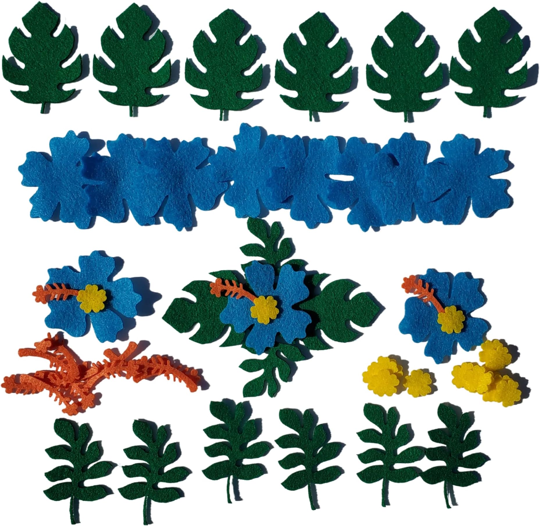 Wildflower Craft CompanyFelt Leaves & Blue Tropical Hibiscus Flowers | Pre-Cut Shapes for DIY Sewing Crafts | Die Cut Palm Leaf Magenta Flower
