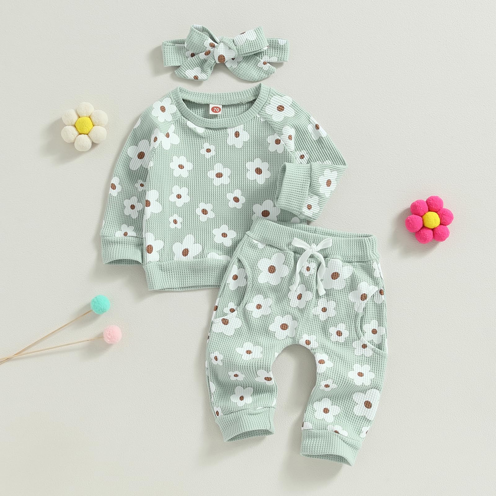 YINGISFITM Fall Baby Girl Clothes Waffle Knit Floral Pullover Sweatshirt Long Sleeve Shirt Top Pants Cute Winter Outfit Set (Green, 12-18 Months)