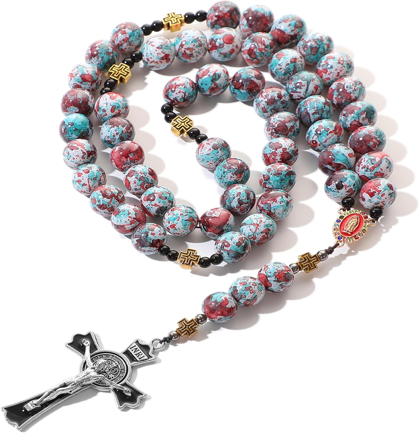 Handmade Lacquer Beads Catholic Rosary Necklace for Women/Men - 14mm Vintage Lacquer Beads with Cross & Holy Mary Medal Necklace First Communion Gift, Car Mirror Decor, Catholic and Christian Gift