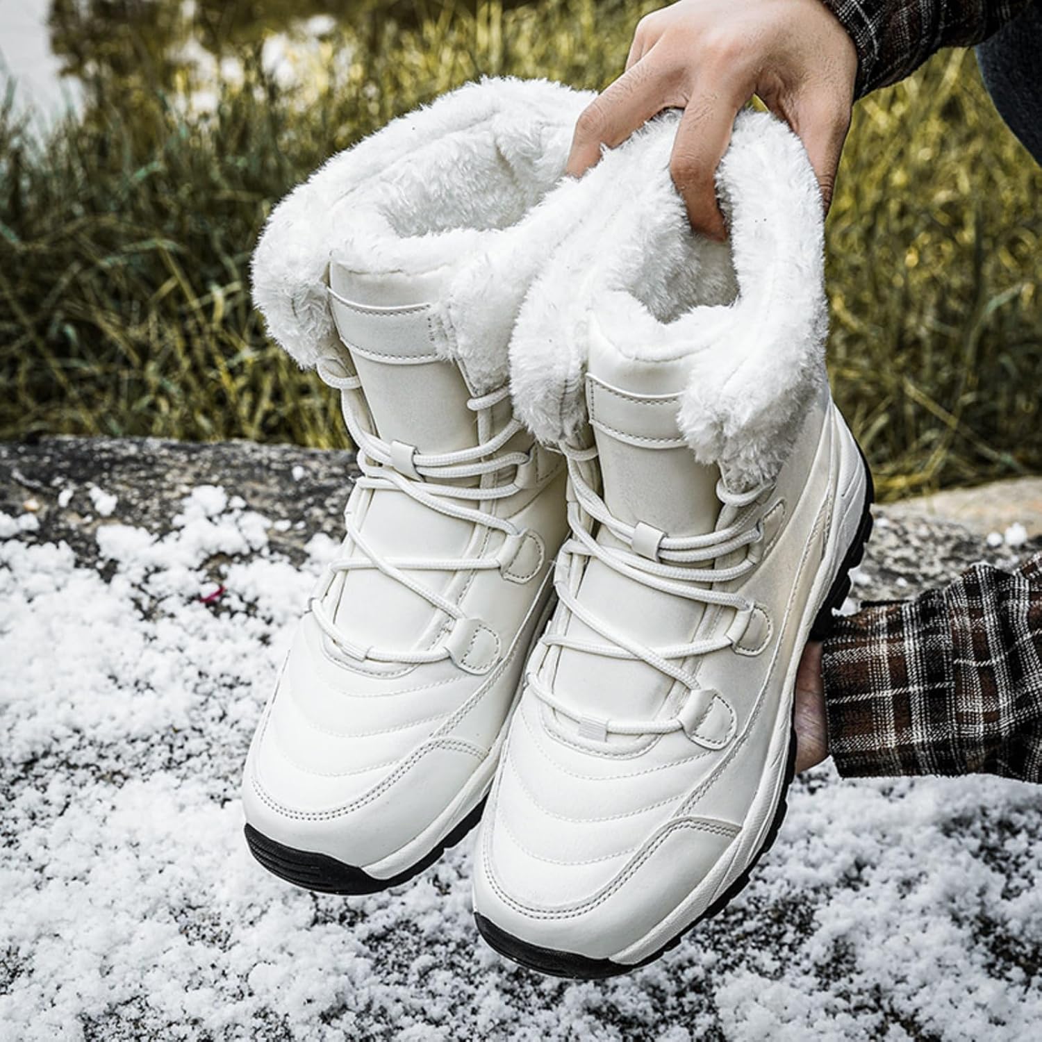 Women's Mid-Calf Winter Boots - Fleece-Lined Warm Footwear, Lace-Up Closure, Non-Slip Thick Sole, Durable Upper, Ideal for Cold Weather Outdoor/Indoor Activities.