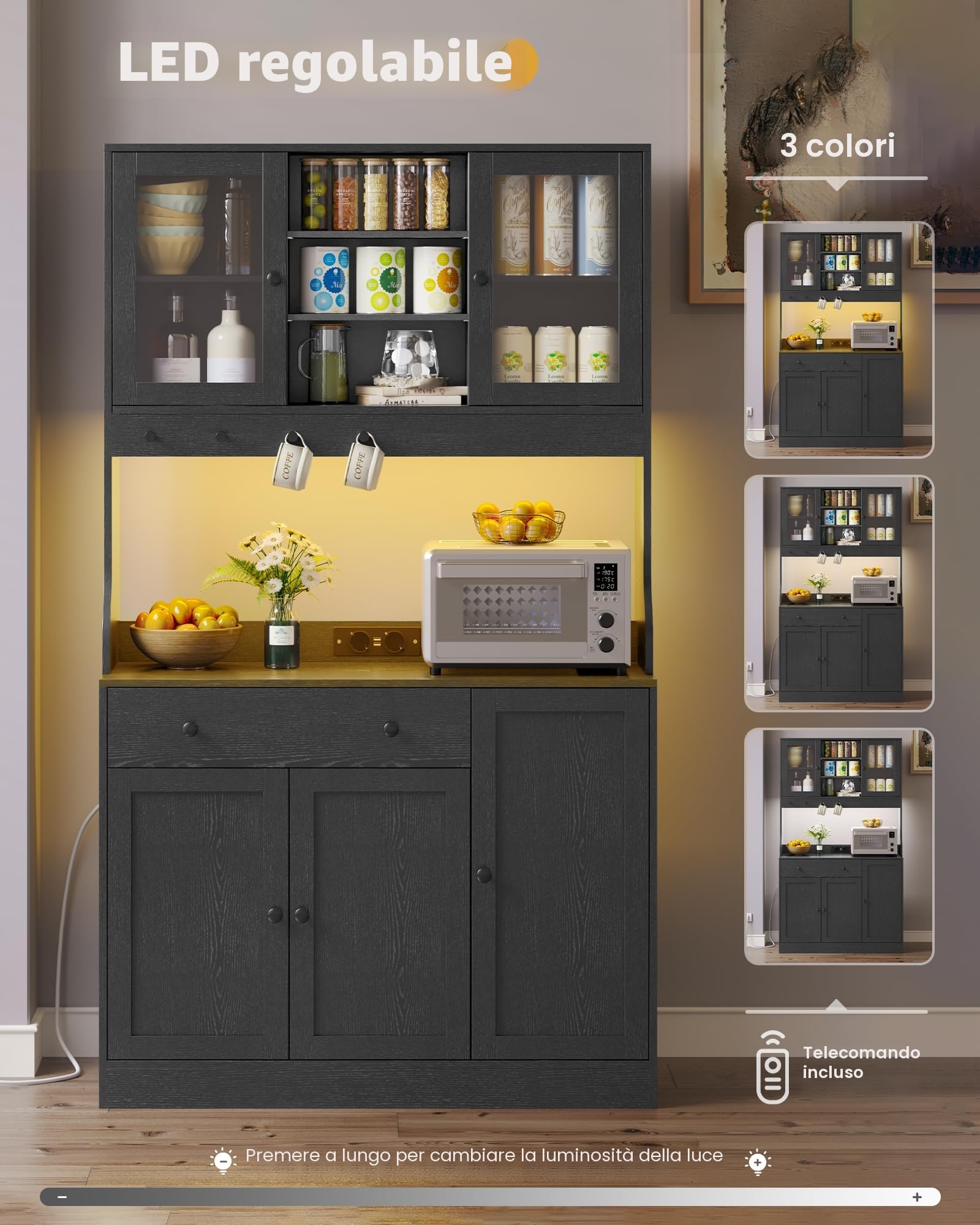 Credenza, Credenza Cucina con LED, Presa Elettrica, Ripiani Regolabili, Mobile Buffet con Cassetti, Armadio da cucina, Piano di Lavoro, Grande Spazio, Cucina, Sala da Pranzo, 103.5*40*180 cm, Nero