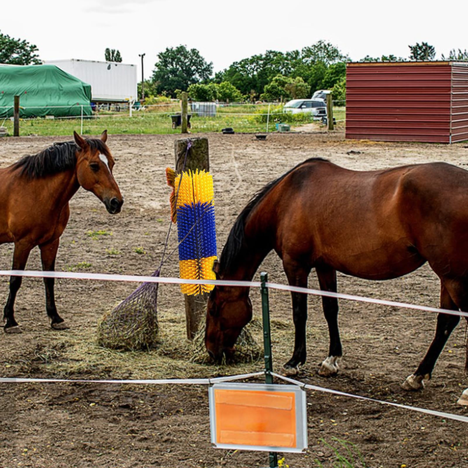 Cepillo Rascador Semicircular de 40cm para Caballo y Vaca, Alfombrilla Rascadora de Nailon para Oveja, Amarillo Azul