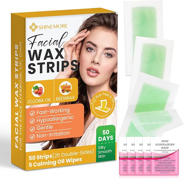 Facial Wax Strips for Hair Removal: Fast Working and Gentle for Face, Eyebrow, Upper Lip, Chin - Hypoallergenic for All Skin Types 50 Waxing Strips with 5 Wipes