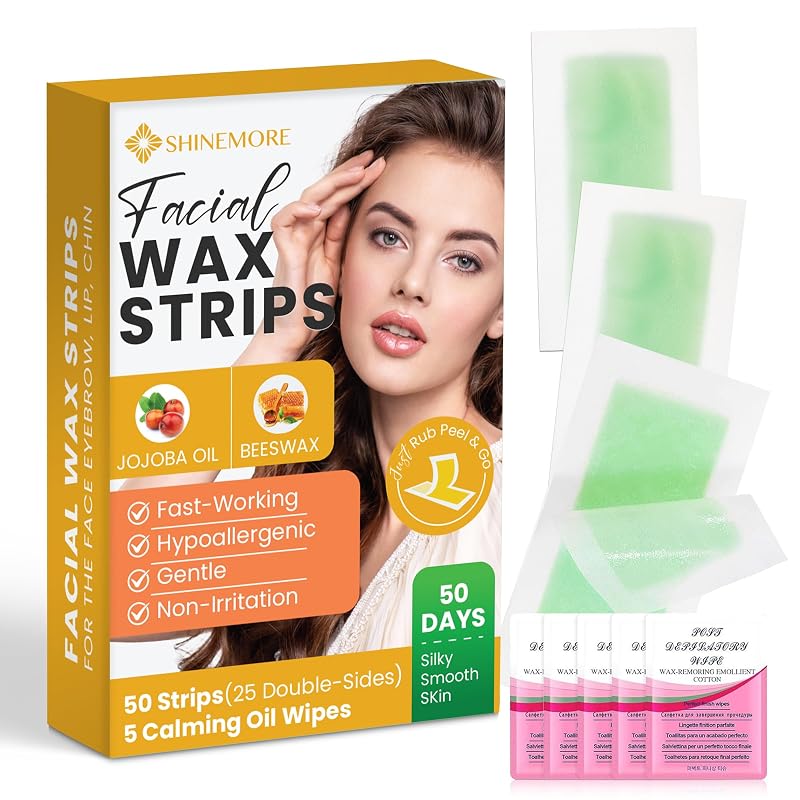 Tiras de cera facial ShineMore para depilação, com cera de abelha e manteiga de karité, Pacote com 50 tiras e 5 lenços