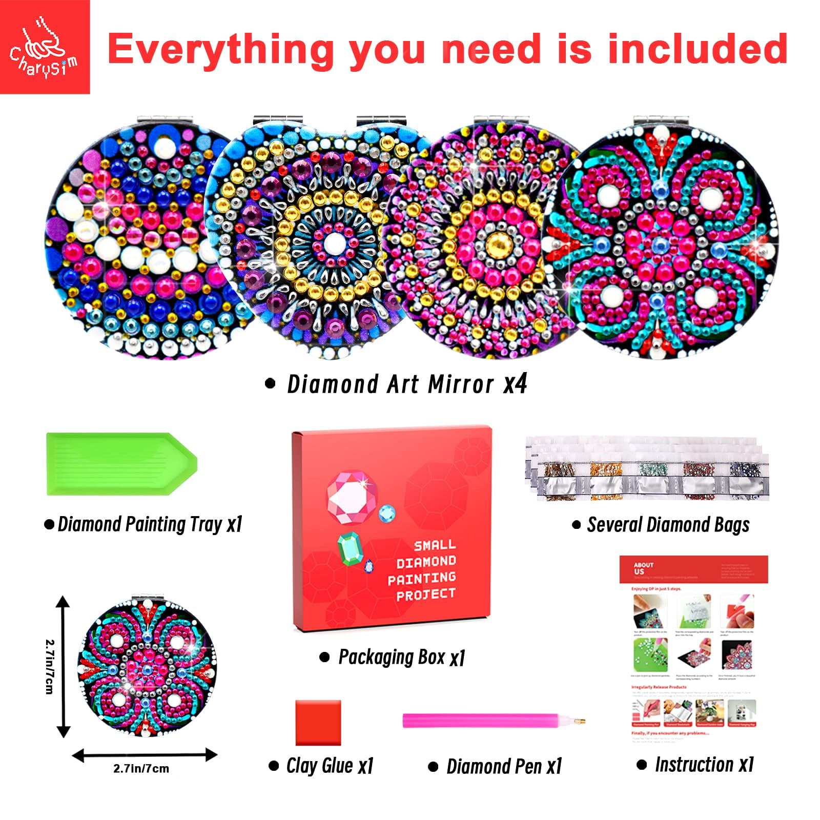 Kinberry 5D Diamond Art Painting Set – 4 Spiegel DIY Mit Diamanten, Bastelset Für Kinder & Erwachsene
