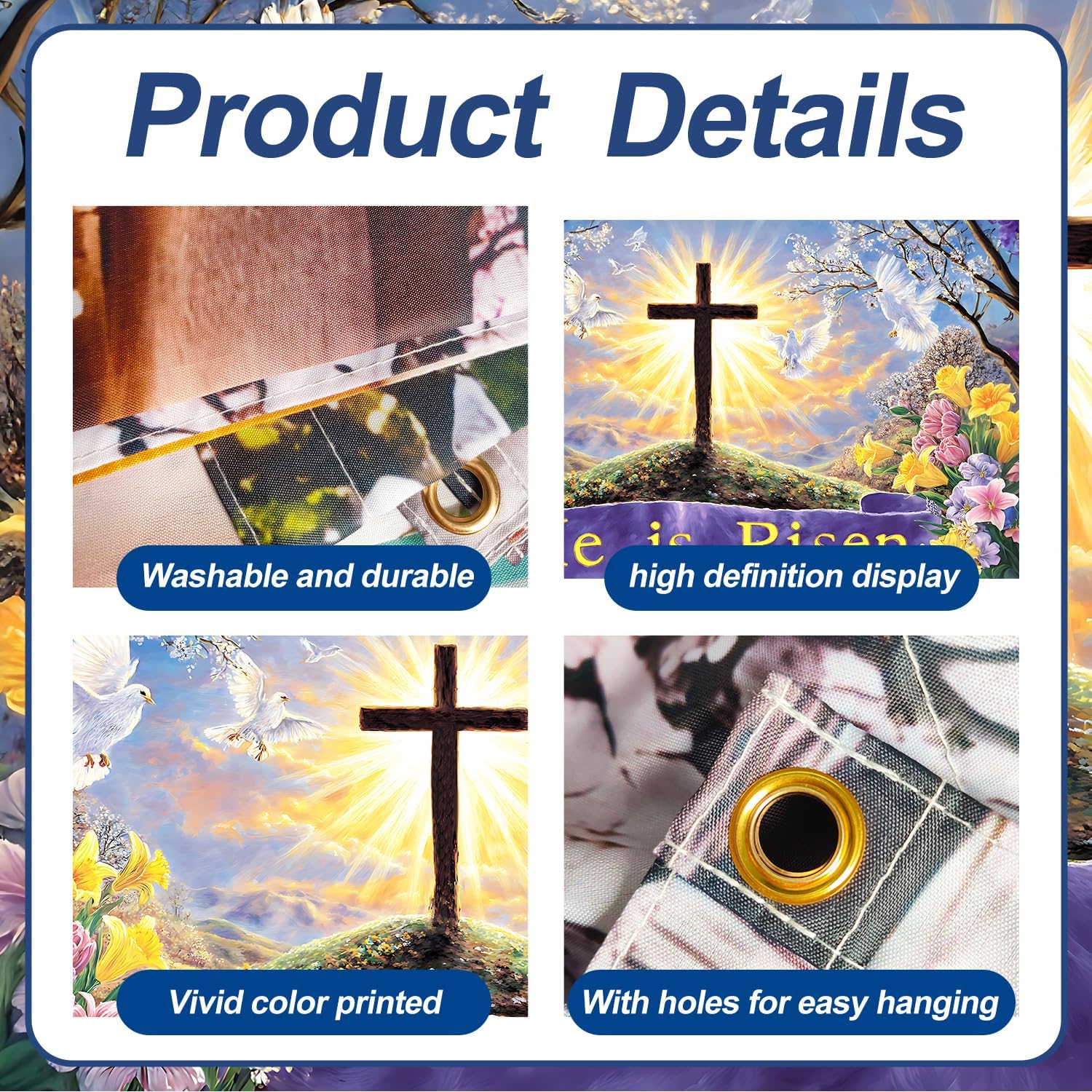 13x6 ft He is Risen Easter Garage Door Banner - Cross with Dove & “He is Risen” Scripture Backdrop, Hanging Religious Decor for Easter Sunday Church Service Outdoor Sign