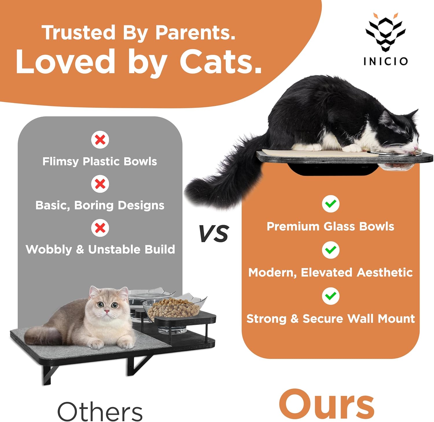 INICIO Cat Shelves – Dog Proof Feeding Station with Wall Mounted Shelves, 3 Steps for wall with Floating Shelf for Cats Up to 15lbs, Includes Cat Food Bowls for Convenient Feeding – Black