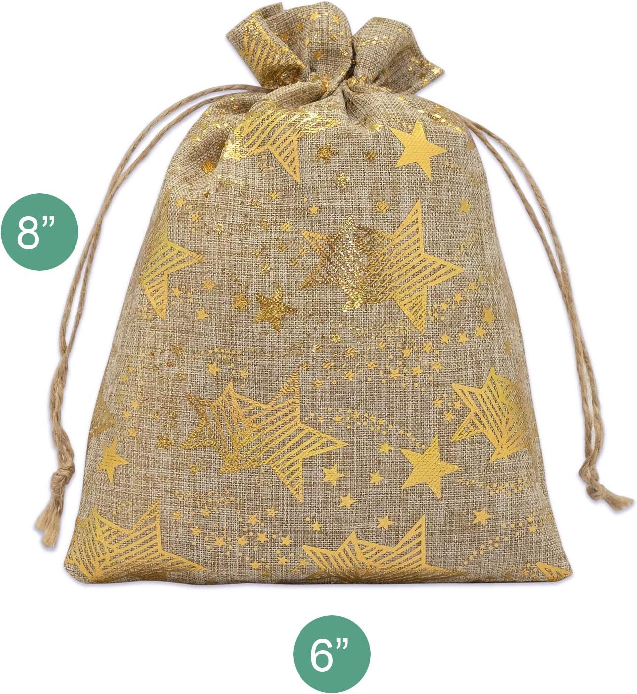 48-Pack 6x8 Jute Burlap Canvas Reusable Gift Bags w. Drawstrings (Golden Stars, Medium) - for Presents, Party Favors, Retail, Samples by TheDisplayGuys