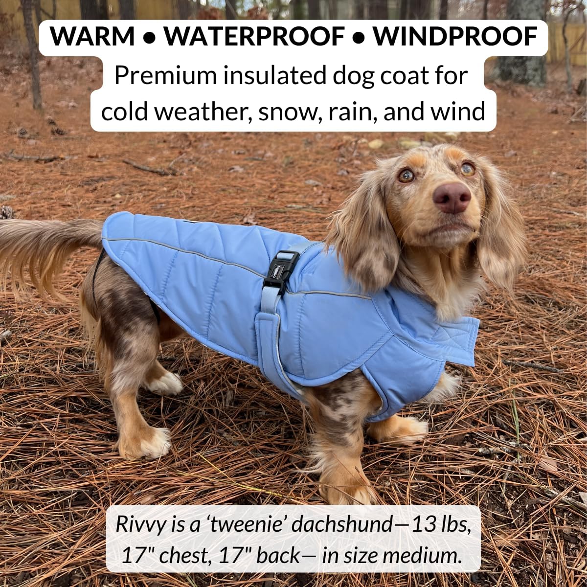DJANGO Insulated Puffer Dog Jacket with Harness Hole – Warm, Water-Repellent Winter Dog Coat for Small Dogs, Dachshunds, Puppies – Adjustable, Reflective Cold Weather Dog Apparel – Dusk Blue, Small