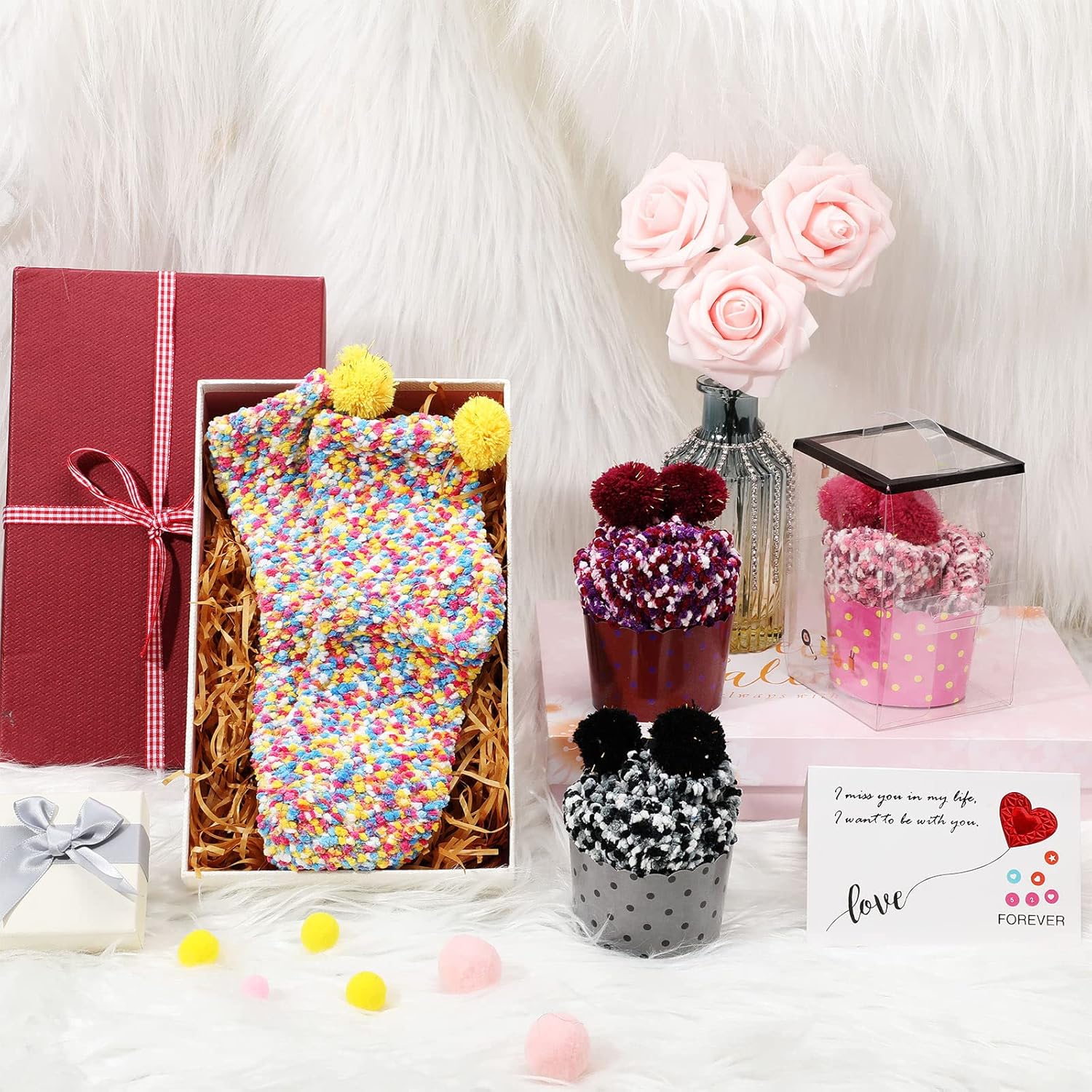 SATINIOR 4 Pairs Valentines Fuzzy Cupcake Socks for Women Girl Fluffy Slipper Socks DIY Gift Boxes for Winter Christmas - Image 6